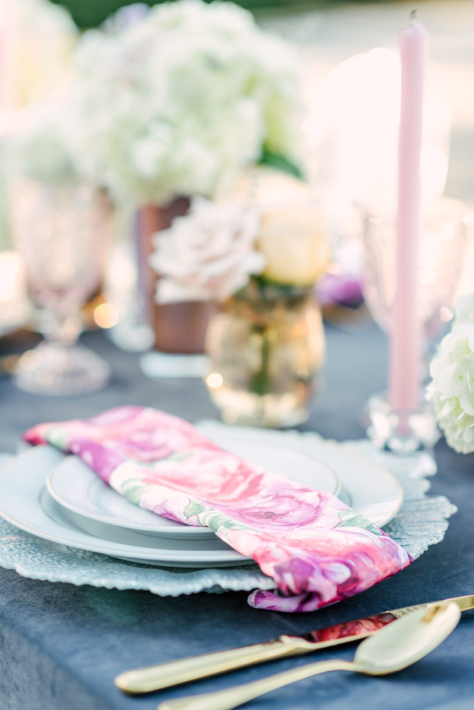 place setting with pink and purple