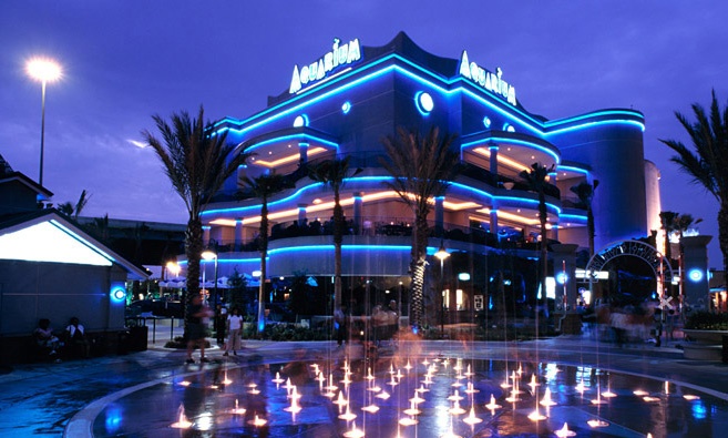 Night view of the exterior view of Houston Downtown Aquarium with fountains in front