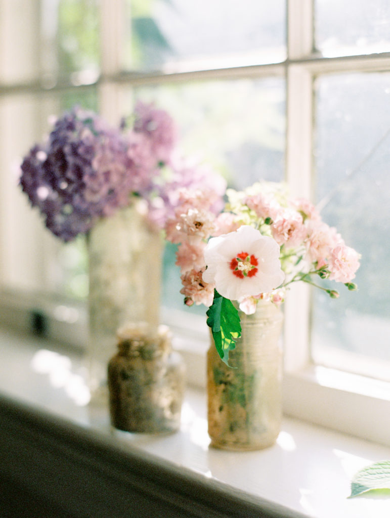 wedding flowers in window sill