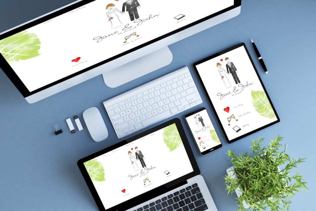 wedding website shown on desktop laptop and ipad